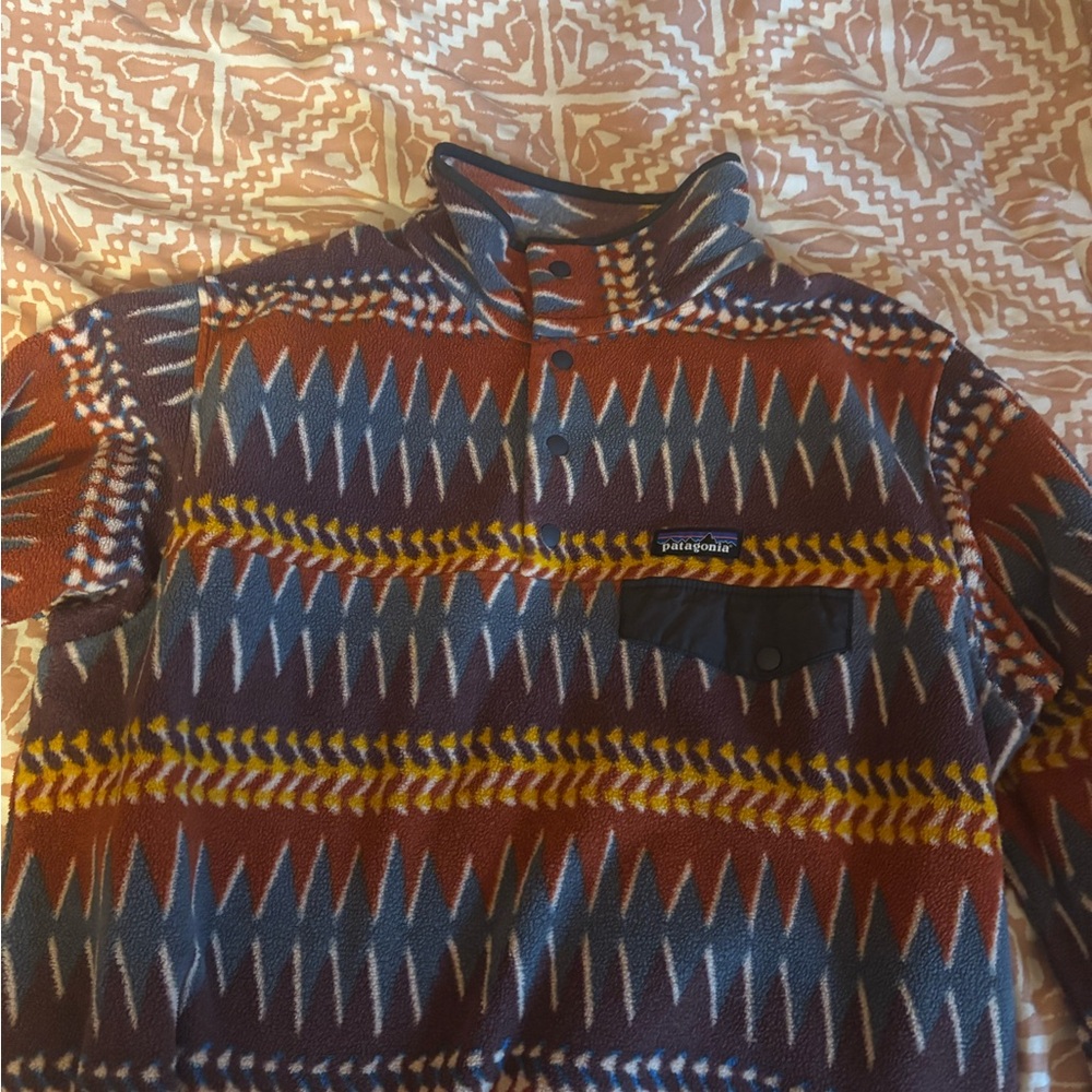 Patagonia Blue and Brown Crewneck Sweater with Geometric Pattern